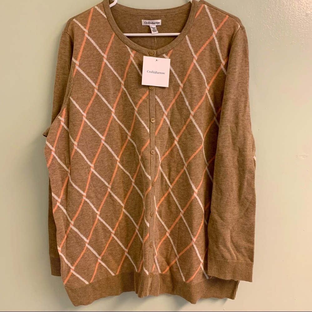 2X beige and pink argyle cardigan NWT